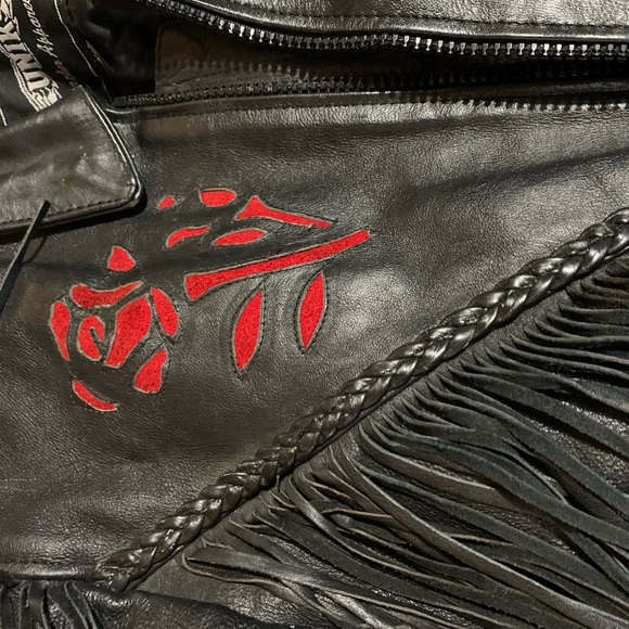 EXTREMELY HEAVY BULL SKIN Black Leather Jacket with Red Suede Roses as Accents - Picture 10 of 16